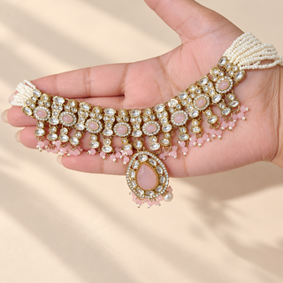 Mabel blush pink kundan necklace close up with pearl strands and pink bead drops