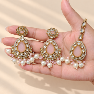 Mabel light pink kundan earrings 7.5 cm and matching maang tikka with white pearl drops