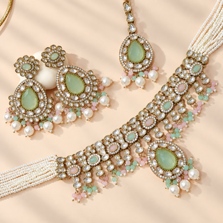 Mabel mint green and light pink multicolour kundan necklace set Victorian gold with earrings and maang tikka