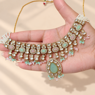 Mabel pastel mint and pink kundan necklace with pearl strands and antique gold finish close-up