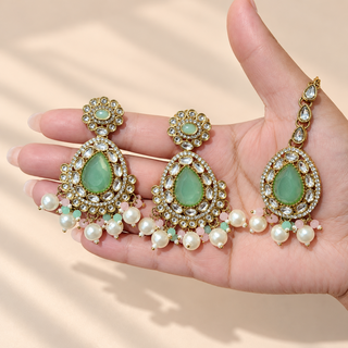 Mabel mint green kundan matching 7.5 cm earrings and maang tikka with pink beads and pearl drops