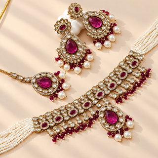 Mabel purple kundan necklace set with matching earrings and maang tikka in Victorian antique gold finish