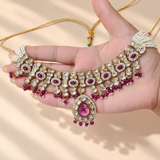 Mabel purple kundan necklace close-up with pearl strands and purple bead accents