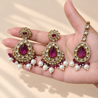 Mabel purple kundan 7.5 cm earrings and matching maang tikka with pearl drops