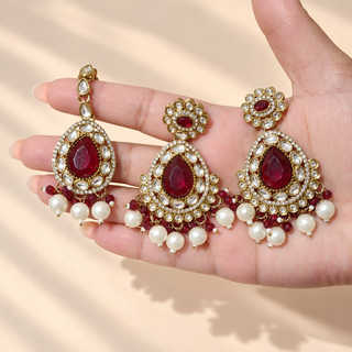 Mabel ruby red kundan matching 7.5 cm earrings and maang tikka in antique gold