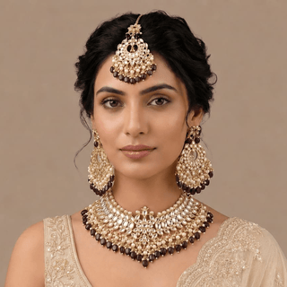 Madison Wine Red Kundan Necklace Set with Tikka - ECLAT INDIAN JEWELSNecklace SetsPurple