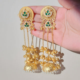 Maegan Dark Green Kashmiri Jhumka Gold Finish Earrings - ECLAT INDIAN JEWELSKashmiri EarringsGreen