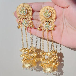 Maegan Light Green Kashmiri Jhumka Gold Finish Earrings - ECLAT INDIAN JEWELSKashmiri EarringsGreen