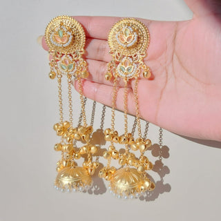Maegan Mint Green and Light Pink Kashmiri Jhumka Gold Finish Earrings - ECLAT INDIAN JEWELSKashmiri EarringsMulticolor