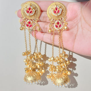 Maegan Ruby Red Kashmiri Jhumka Gold Finish Earrings - ECLAT INDIAN JEWELSKashmiri EarringsRed