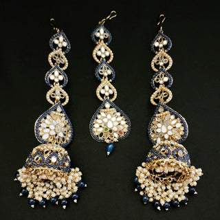 Maeve Dark Blue Pearl Mirror Tikka Set - ECLAT INDIAN JEWELSTikka SetsBlue