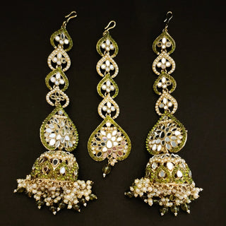 Maeve Mehndi Green Pearl Mirror Tikka Set - ECLAT INDIAN JEWELSTikka SetsGreen