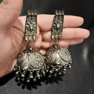 Magdalene Oxidised Silver Kundan Dome Jhumki Earrings - ECLAT INDIAN JEWELSEarringsSilver