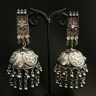 Magdalene Oxidised Silver Kundan Dome Jhumki Earrings - ECLAT INDIAN JEWELSEarringsSilver