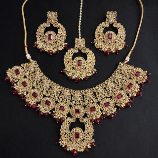 Maribel Polki Dark Red Necklace Set with Tikka - ECLAT INDIAN JEWELSNecklace SetsRed