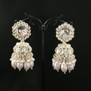 Marie White Kundan Jhumki Earrings (with detachable Hair Chain) - ECLAT INDIAN JEWELSEarringsWhite