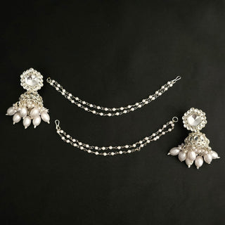 Marie White Kundan Jhumki Earrings (with detachable Hair Chain) - ECLAT INDIAN JEWELSEarringsWhite