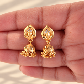 Marigold gold finish small jhumki earrings with ghungroo bells held in hand