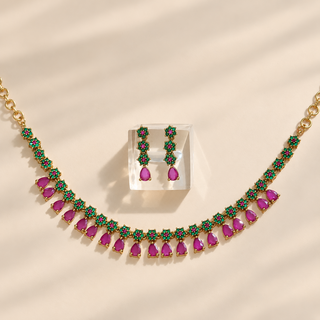 Marigold multicolour CZ diamond simulant necklace set with matching earrings in antique gold finish