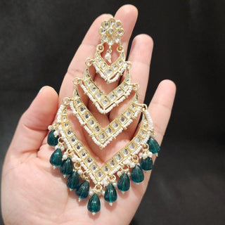 Mavis Teal Green Shoulder Duster Kundan Earrings - ECLAT INDIAN JEWELSEarringsGreen