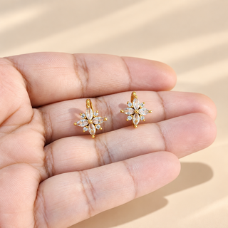 Megan gold CZ diamond floral bugadi earrings close up on hand