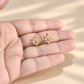 Megan gold finish flower shaped diamond simulant ear cuff earrings on palm