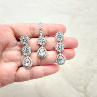 Merida White CZ Diamond Simulant Necklace Set with Maang Tikka - ECLAT INDIAN JEWELSNecklace SetsWhite