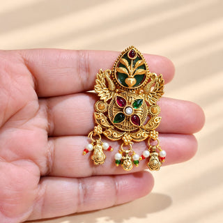 Millicent multicolour traditional Indian Kemp statement ring gold finish, green enamel, red and green stones and pearl-like dangling charms, photograph 2