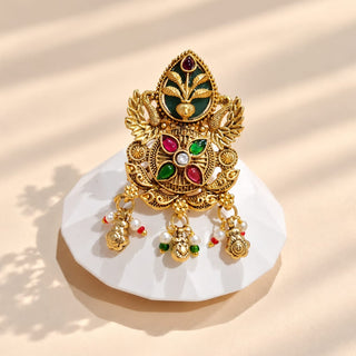 Millicent multicolour traditional Indian Kemp statement ring gold finish, green enamel, red and green stones and pearl-like dangling charms, photograph 3