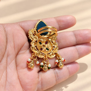 Millicent multicolour traditional Indian Kemp statement ring gold finish, green enamel, red and green stones and pearl-like dangling charms, photograph 4