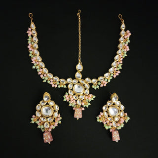 Millie Complete Pastel Pink and Green Uncut Kundan Set - ECLAT INDIAN JEWELSNecklace SetsPink