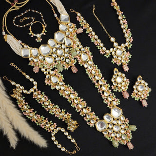 Millie Complete Pastel Pink and Green Uncut Kundan Set - ECLAT INDIAN JEWELSNecklace SetsPink