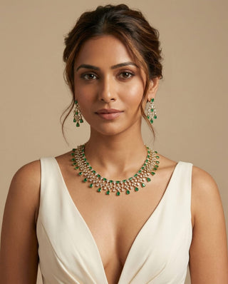 Mira Green Diamond Simulant Necklace Set - ECLAT INDIAN JEWELSNecklace SetsGreen