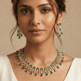 Mira Green Diamond Simulant Necklace Set - ECLAT INDIAN JEWELSNecklace SetsGreen