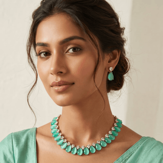 Miraya Mint Green Diamond Simulant Necklace Set - ECLAT INDIAN JEWELSNecklace SetsGreen