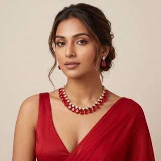Miraya Red Diamond Simulant Necklace Set - ECLAT INDIAN JEWELSNecklace SetsRed