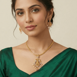 Myla Multicolour Temple Diamond Simulant Pendant Necklace Set - ECLAT INDIAN JEWELSNecklace SetsGold