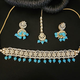 Mylie Sky Blue Kundan Choker Necklace Set with Tikka - ECLAT INDIAN JEWELSNecklace SetsBlue