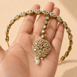 Nancie White Polki Sheesh Phool / Matha Patti Head Band with Maang Tikka - ECLAT INDIAN JEWELSMatha Patti, Sheesh PhoolWhite
