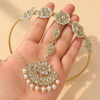 Nanette White Kundan Sheesh Phool / Matha Patti Head Band with Maang Tikka - ECLAT INDIAN JEWELSMatha Patti, Sheesh PhoolWhite