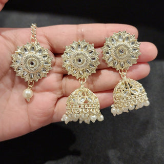 Naomi White Baahubali Jhumki Tikka Set (with Detachable Chains) - ECLAT INDIAN JEWELSTikka SetsWhite