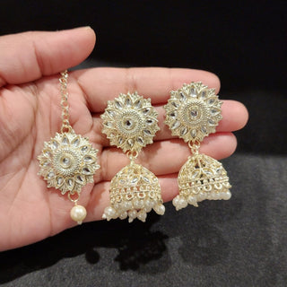 Naomi White Baahubali Jhumki Tikka Set (with Detachable Chains) - ECLAT INDIAN JEWELSTikka SetsWhite