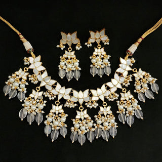 Naomi White Lotus Mother of Pearl Necklace Set - ECLAT INDIAN JEWELSNecklace SetsWhite