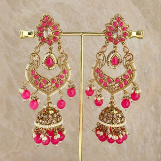 Natasha Baahubali Pink Polki Jhumka Earrings (with detachable hair chains) - ECLAT INDIAN JEWELSEarringsPink