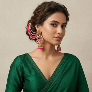 Natasha Baahubali Pink Polki Jhumka Earrings (with detachable hair chains) - ECLAT INDIAN JEWELSEarringsPink