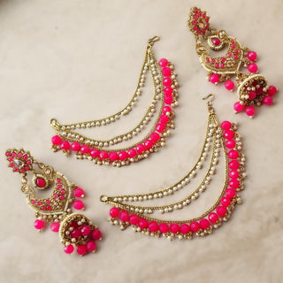 Natasha Baahubali Pink Polki Jhumka Earrings (with detachable hair chains) - ECLAT INDIAN JEWELSEarringsPink