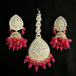 Nelly Magenta Pink Kundan Jhumki Tikka Set - ECLAT INDIAN JEWELSTikka SetsPink