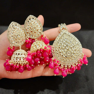 Nelly Magenta Pink Kundan Jhumki Tikka Set - ECLAT INDIAN JEWELSTikka SetsPink