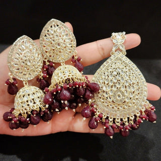 Nelly Maroon Red Kundan Jhumki Tikka Set - ECLAT INDIAN JEWELSTikka SetsRed