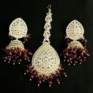 Nelly Maroon Red Kundan Jhumki Tikka Set - ECLAT INDIAN JEWELSTikka SetsRed